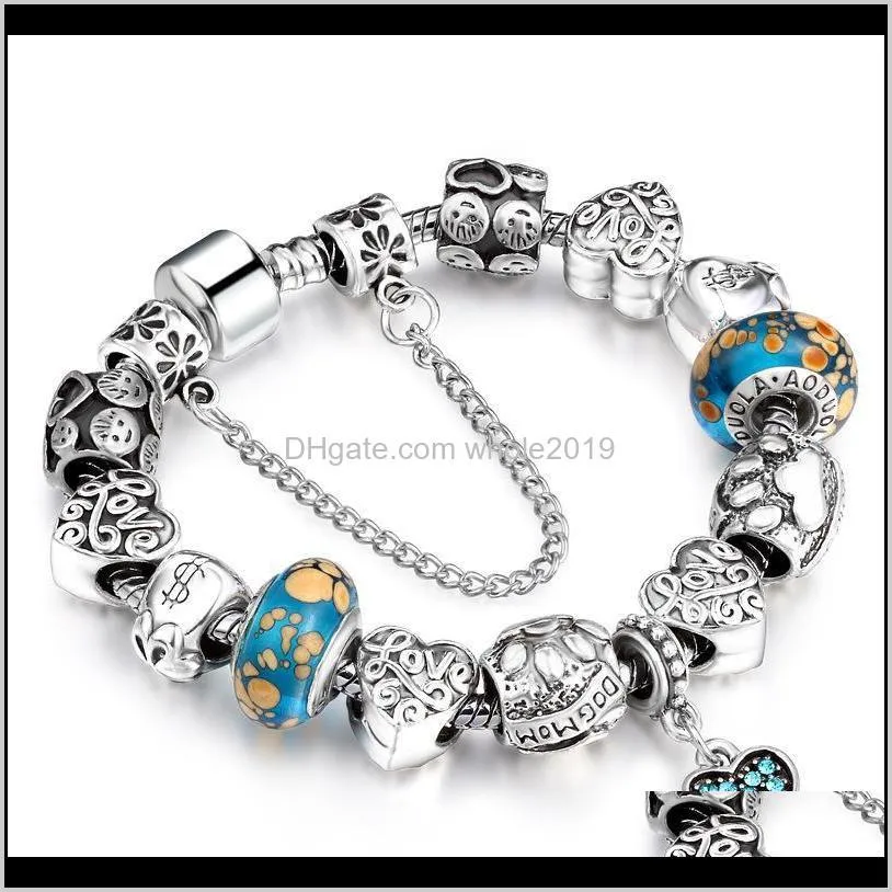 color austrian crystal bead bracelet with safety chain silver-plated heart pendant bangle beads 20cm for women jewelry beaded, strands