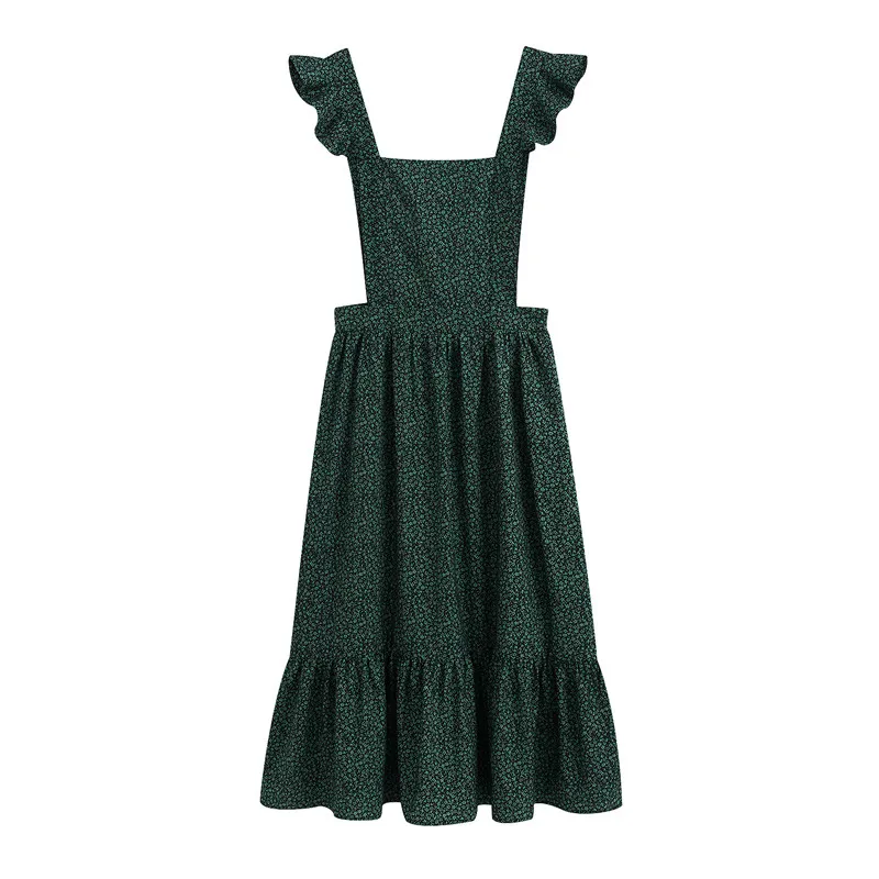 Frauen Fashion Floral Print Midi Kleid Vintage Quadrat Kragen Rüschen Strap Weibliche es Weste Vestido 210430