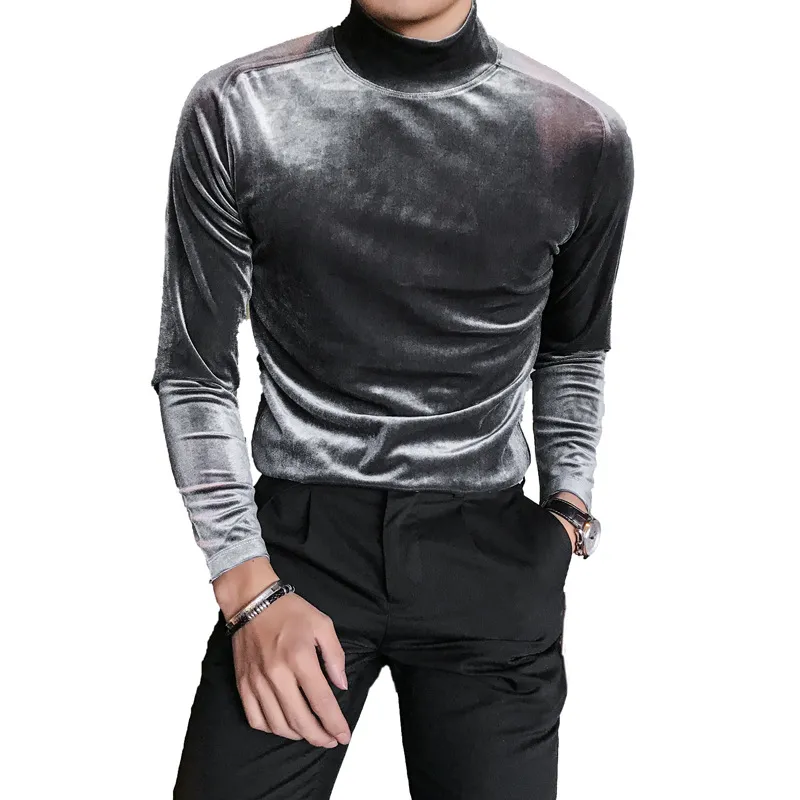 Autumn Long Sleeve T Shirts Men Fashion Men Clothes Velvet Stretched Turtleneck Slim Fit All Match Solid T-Shirts