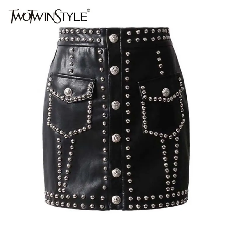 TWOTYLE Schwere Nieten PU Leder Röcke Hohe Taille Einreiher Mini Rock Für Frauen Punk Stil Frühling Mode 210621