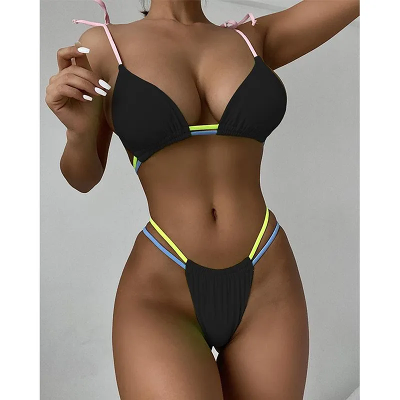 Maillot de bain femme Mossha 2021 Triangle Micro Bikini ensemble Sexy Patchwork maillot de bain maillot de bain coupe haute String bain bain