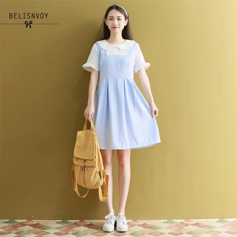 Japoński styl preppy lato kobiety słodkie sukienki Peter Pan Collar Blue Green Plaid Robe Femme Eleganckie Vestidos Femininos 210520