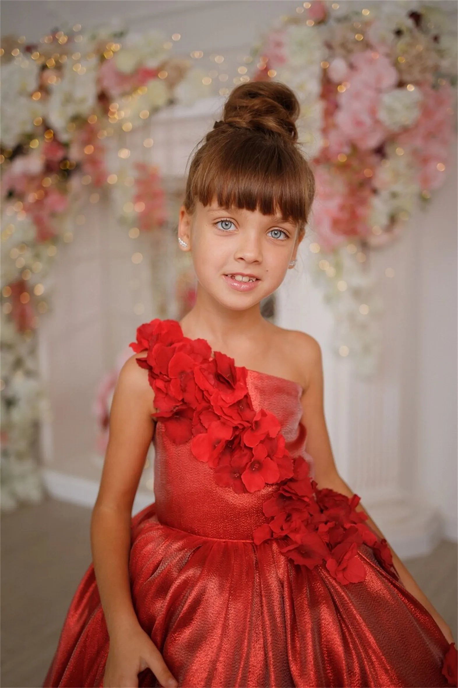 Handmade Red Flower Girl Dress with One Shoulder and Sleeveless Design, Perfect for Weddings, Birthdays, and Pageants, Featuring Cute Flowers and