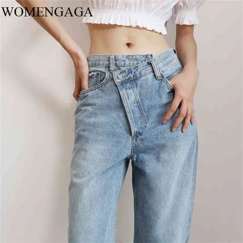 Summer Fashion Light Blue Women Asymmetric Fly Jeans With Button Closure Split Waist Straight Leg Plus Size 2S4F 210809