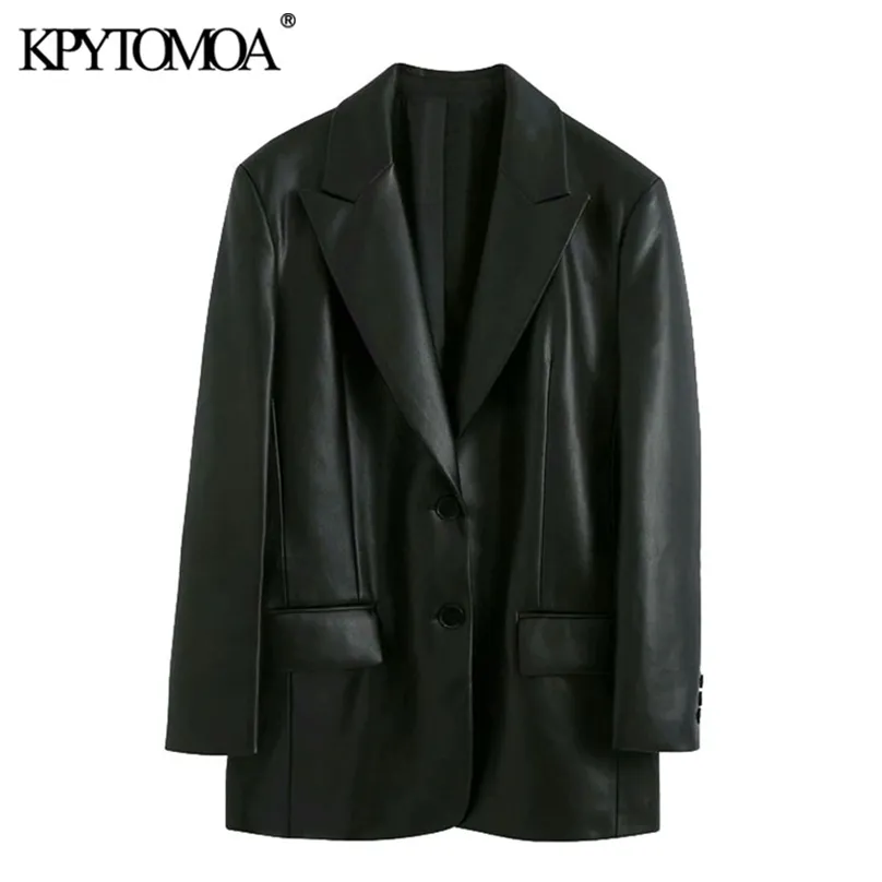 KPYTOMOA Women Fashion Faux Leather Loose Blazers Coat Vintage Long Sleeve Pockets Back Vents Female Outerwear Chic Tops 211006