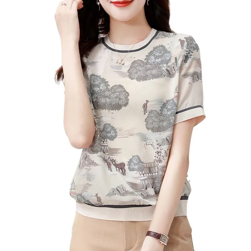 T-shirt femme haut en soie manches courtes rétro imprimé 2021 été tempérament côtelé demi-manches mûrier