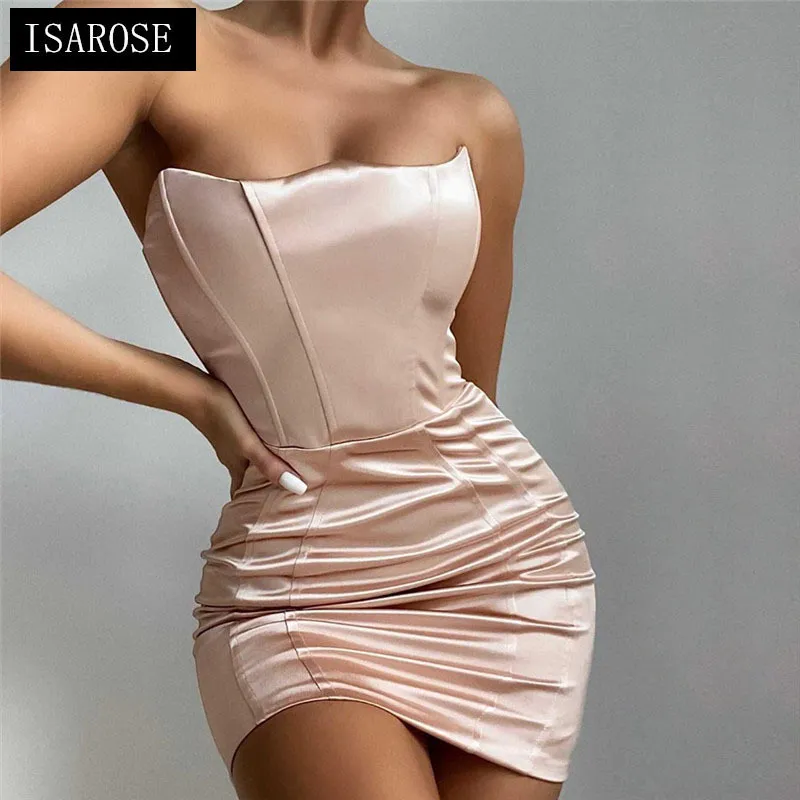 ISAROSE Summer Bustier Dress Raso di seta senza spalline Corsetto disossato in poliestere Mini abiti Party Nightclub Vestito aderente aderente 210422