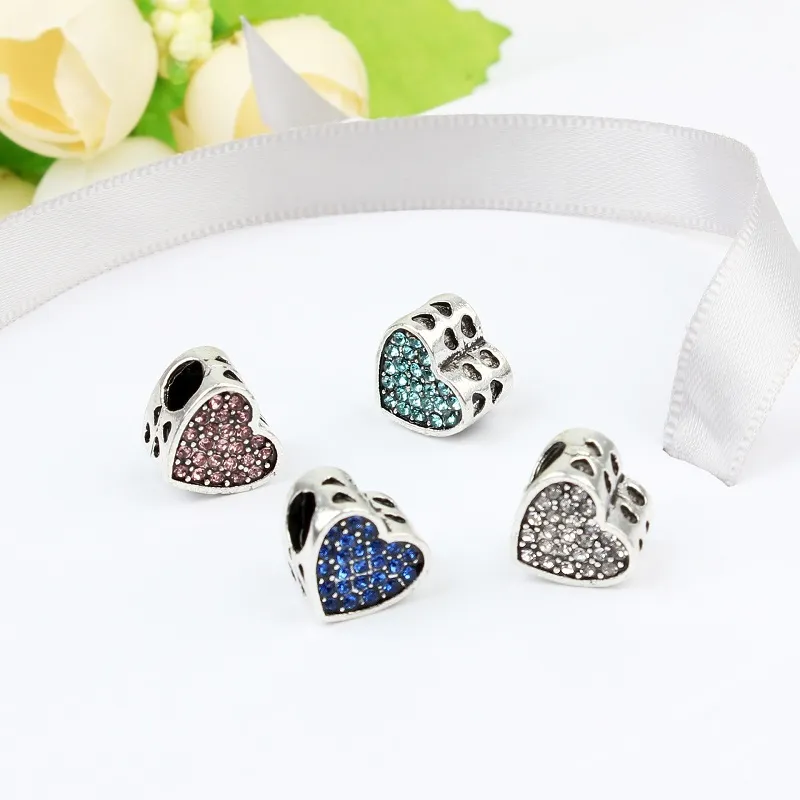 Fits Pandora Bracelets 20pcs Paved Crystal Love Heart Silver Charms Bead Charm Beads For Wholesale Diy European Sterling Necklace Jewelry