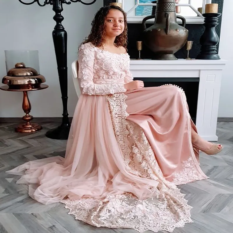 Elegantes rosafarbenes Dubai-Abendkleid mit langen Ärmeln, Kaftan, marokkanische formelle Partykleider, muslimisches Abendkleid 2021, Spitze Robe De Soir￩e Mariage Formales Vestidos Fiesta