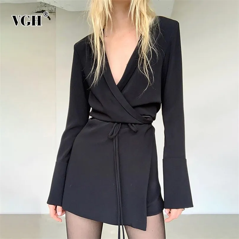 Zwarte elegante jurk voor vrouwen gekerfd lange mouw hoge taille veter omhoog slanke lijn mode mini jurken vrouwelijke lente 210531