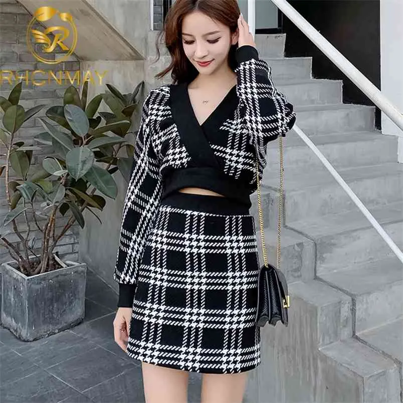 Save Big on Bulk Korean Two Set Piece Skirt Women's Elegant Plaid Two Piece  Outfit Long Sleeve V Neck Sweater High Waist Pencil Skirt, Korean