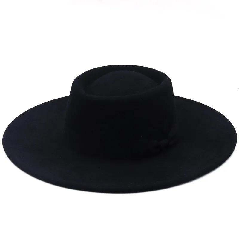 9 5 Cm Wide Brim Plain Black Flat Top Hat Boater Women Wool Fedora Felt Hats with Bowknot Vintage Church Wedding Panama Cap206S