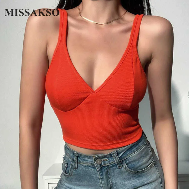 Missakso Sexig solid röd stickad skörd topp rygglöst streetwear mode djup v hals sommar smal mager camisole kvinnor 210625