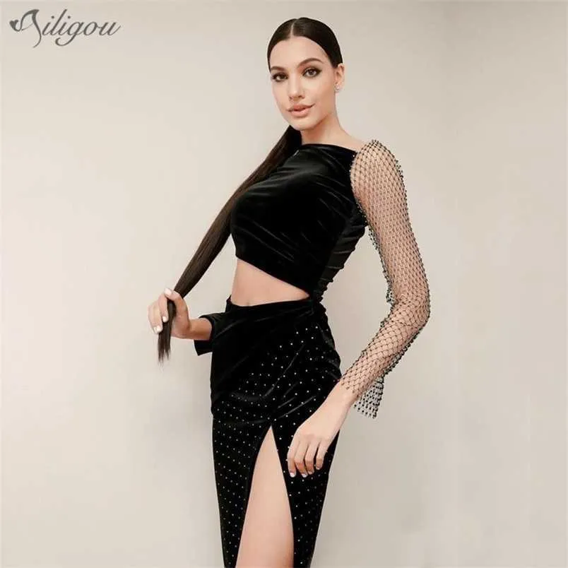 Hoge kwaliteit vrouwen fluwelen zwart visnet lange mouw glanzende holle sexy midi elegante beroemdheid feestjurk vestidos 210525