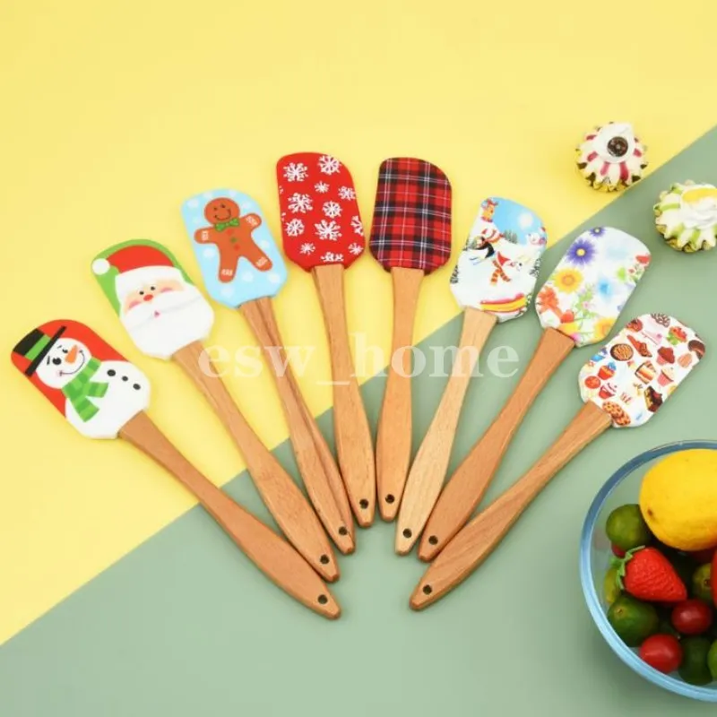 크리스마스 케이크 도구 나무 손잡이 부엌 퐁당 크림 주걱 실리콘 버터 스크레이퍼 부엌 베이킹 도구