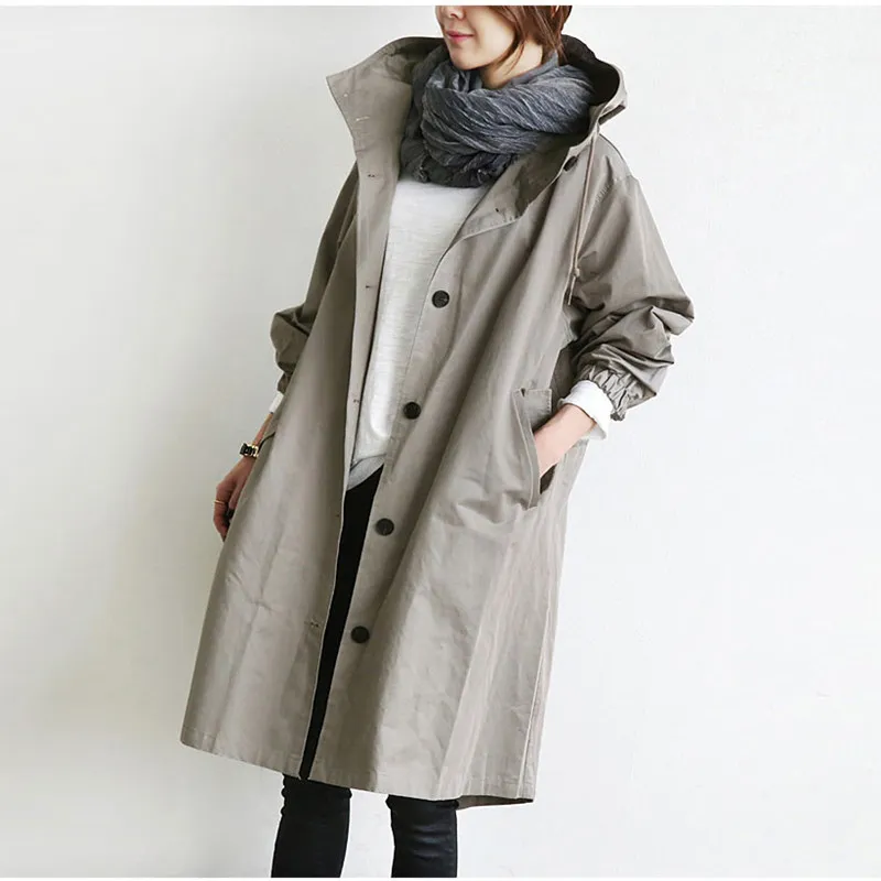 Johnature Solid Färg Casual Koreansk Hooded Collar Loose Höst Vinter Kvinnor Trench Plus Size Simple Women Coats 210521