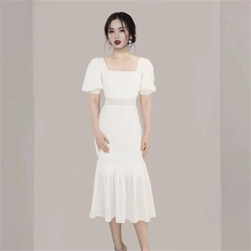 Kvinnor Mesh Puff Sleeve Sexig Bodycon Dress Fashion Square Neck Ruffles Ruched Dresses Club Party White 210603