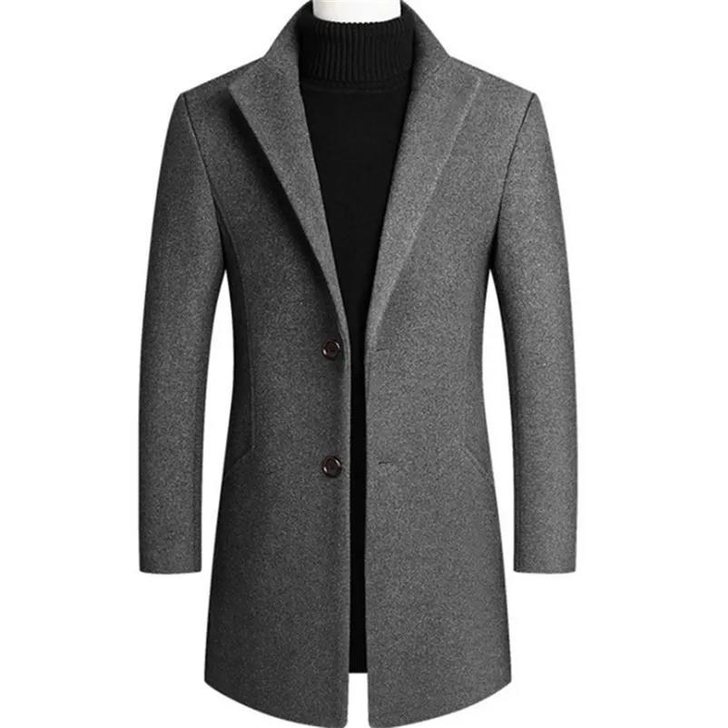 Men Woolen Trench Coat Autumn Winter Mid Long Wool & Blends Jacket Casual Men's Woolen Coat Grey/Black/Wine Red 211122