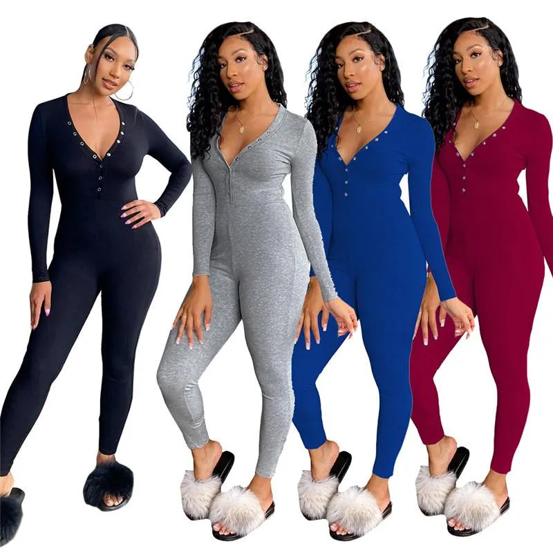 Dames Jumpsuits Rompertjes Lange Skinny Jumpsuit Vrouwen 2021 Button V-hals Volledige Mouw Casual Solid Color Bodysuit Sexy Dames Homewear Spelen