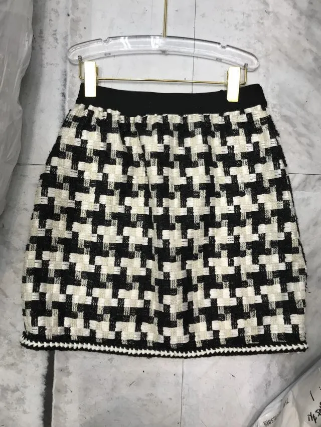 تصميم الأزياء الأوروبية للسيدات عالي الخصر تويد الصوف المرن مرنة Houndstooth Grid Short A-line SML