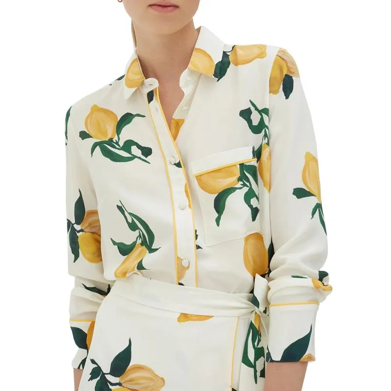Women's Blouses & Shirts Brand Fashion Women High-end Luxury Spring Autumn Vintage Elegant Loose Fresh Lemon Printed Silk Long-sleeved Shirt