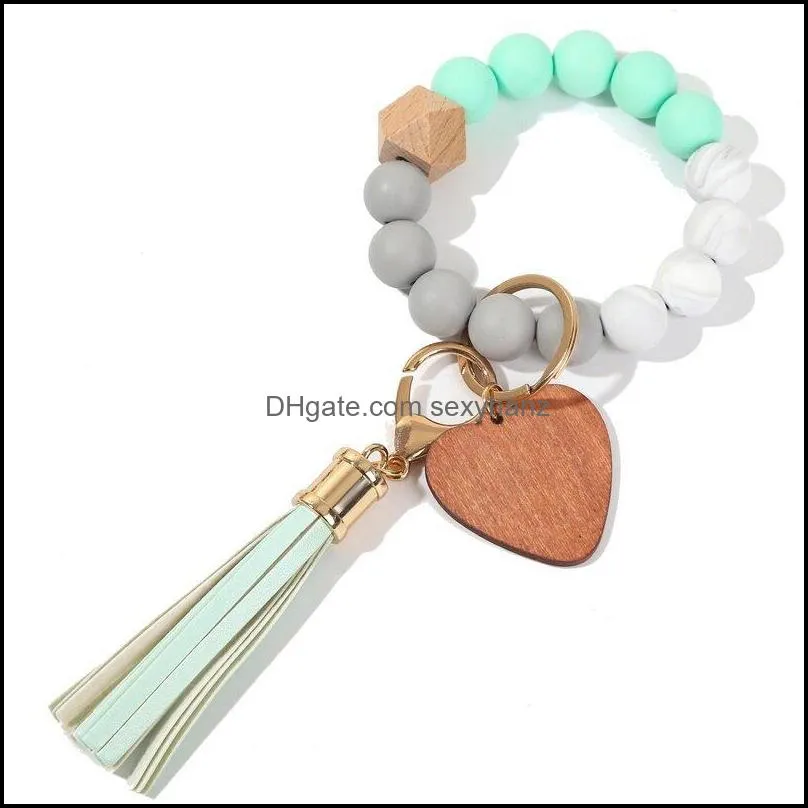 Party Favor Food Wrist key chain Beads Bracelet Event love Wooden Bead Bangle Keychain PU Tassel Anti-lost Keyring GWF12342