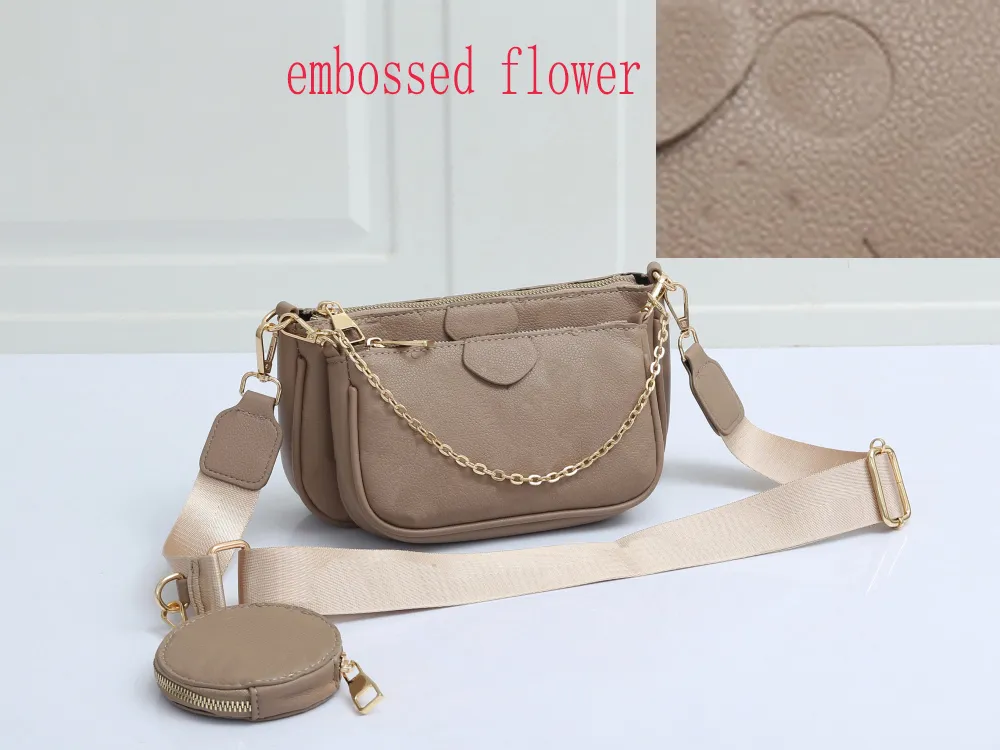 Kvinnor väskor i äkta läder Mode präglade handväskor Pochette Plånböcker Blomstertillbehör Mini 3st 3-delat set Crossbody axelväska