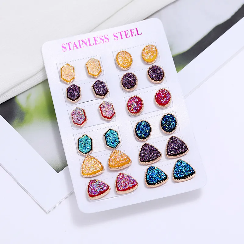 Reçine Pembe Yeşil Mavi Druzy Drusy Tasarımcı Saplama Küpe 12 Pairs Set Moda Mini Kadınlar Için Mini Sevimli Küpe