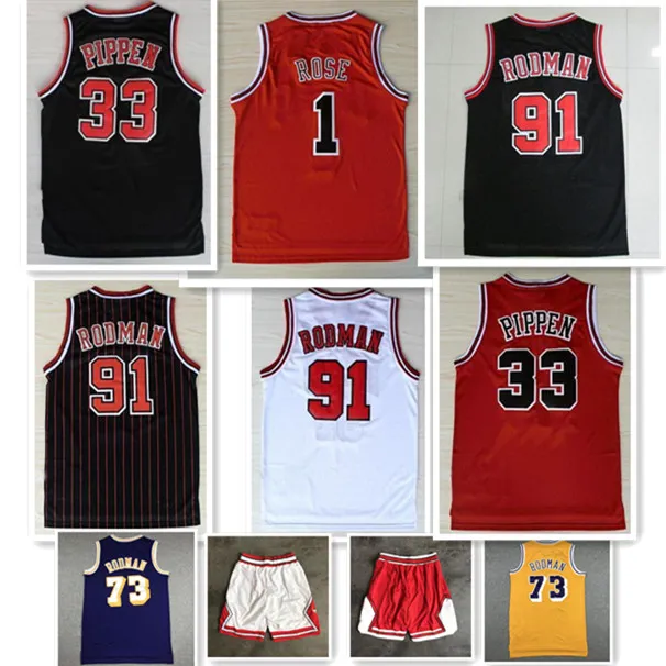 Mens Sports Shirts Embroidery 1# Derrick Rose Red Jerseys Basketball The Worm 91# Dennis Rodman White Black 33# Scottie Pippen Stitched