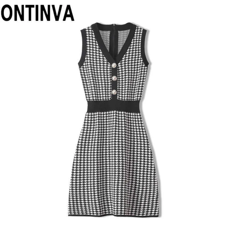 Dames Retro Mouwloze Houndstooth Knitwear Trui Jurk Mini Lengte Dames Zomer Herfst Vest Tank Tops V-hals Knop 210527