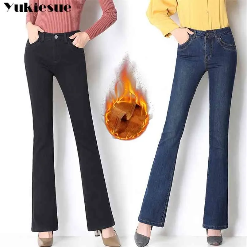 Inverno morno lã largo perna jeans mulher com cintura alta OL Skinny OL Denim para mulheres flare mãe plus size mujer 210809