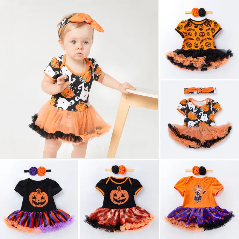 Baby Halloween Costumes Party Decor Christmas Decorations Cartoon Pumpkin Short Sleeve Skull Dress 0-2 Years Old XD24806