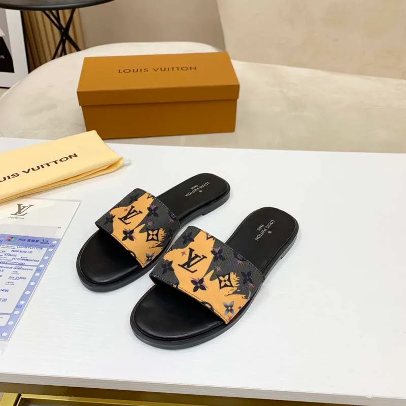 Sandales de luxe Sandals de luxe Designers Louis Vuitton LV Pantoufles  Diapositives Brocart Floral Cuir Véritable Flip Femmes Chaussures Sandal