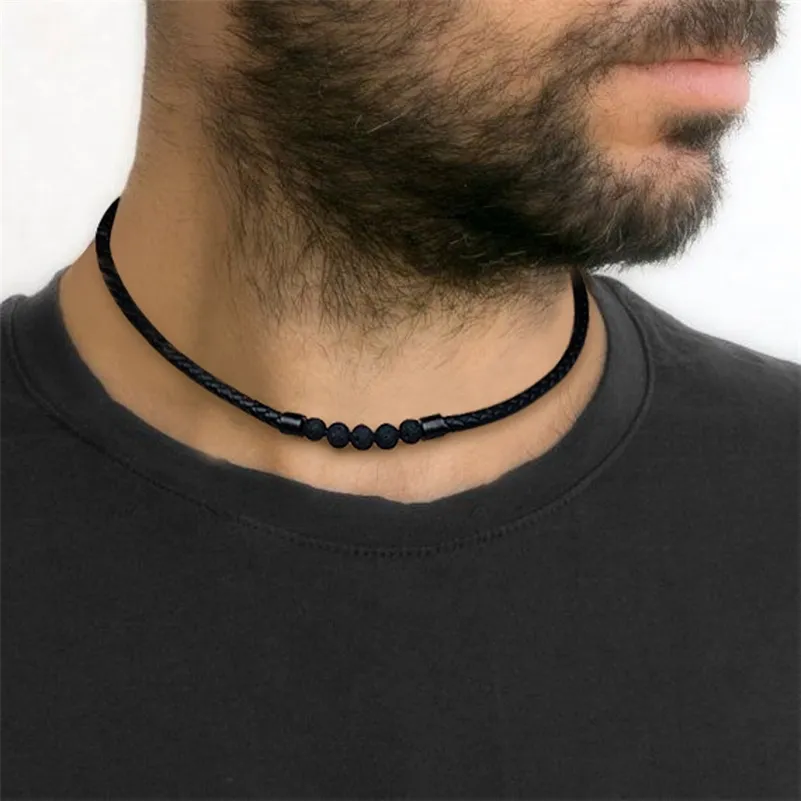 Men's Lava Stone Rock Braid Leather Choker Necklace Men Boho Hippie Male Jewelry Surf Necklaces in Black Color 2202122411