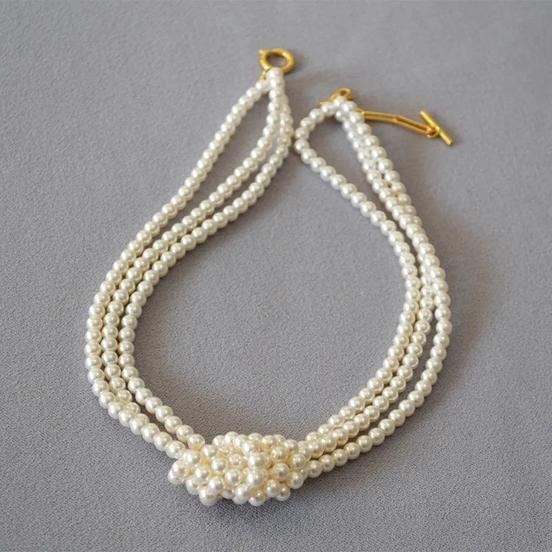 Klassische Vintage Glas Imitation Perle 3 Layered Knoten Halsketten für Frauen Halskette Weiblichen Schmuck Großhandel Geschenk