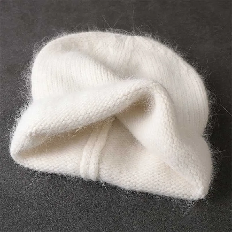 Mode Angora Fourrure De Lapin Chapeau D'hiver Pour Les Femmes Doux Tricot Bonnets En Plein Air Chaud Ski Froid Tricoté Bonnet En Gros 211119