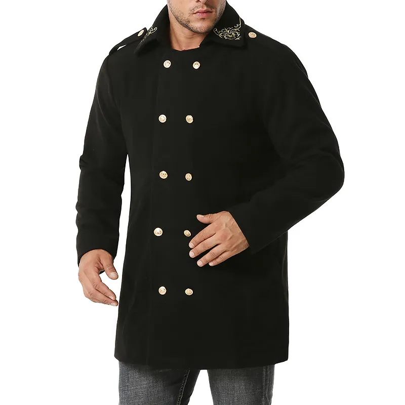 Broderie Trench-Coat Hommes Marque Vestes En Laine Hommes Casual Lâche Long Solide Pardessus Angleterre Style Surdimensionné Coupe-Vent 210524