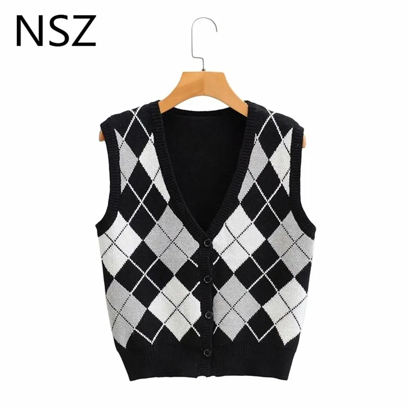 NSZ women argyle style sweater vest fall fashion crop top sleeveless rhombus knitted cardigan jumper vest tank top waistcoat 211008