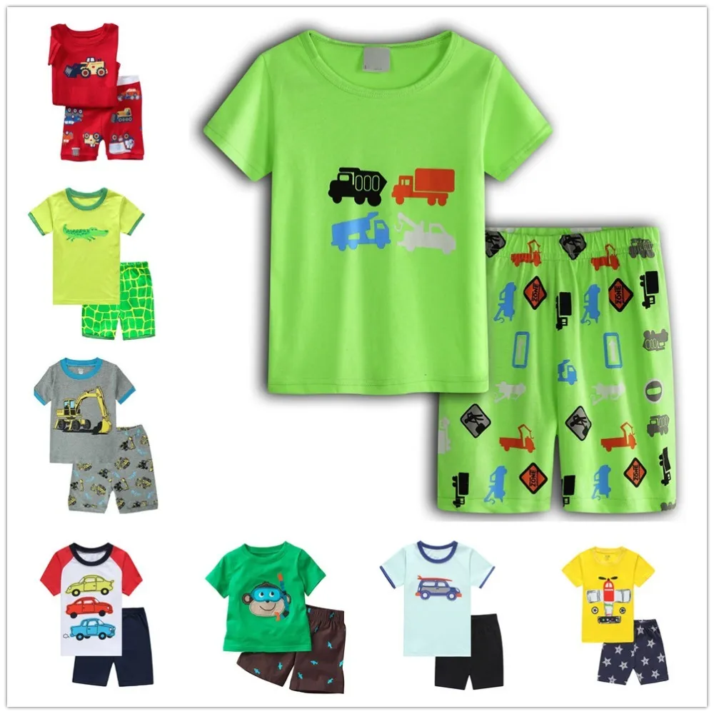 Kazıcı Erkek Bebek Pijama Giysileri Takım Elbise Yeşil Kamyon Çocuk Pamuk T-Shirt Kısa Pantolon Pijama Çocuk Pijama 2-7 Yıl Tee Gömlek 210413