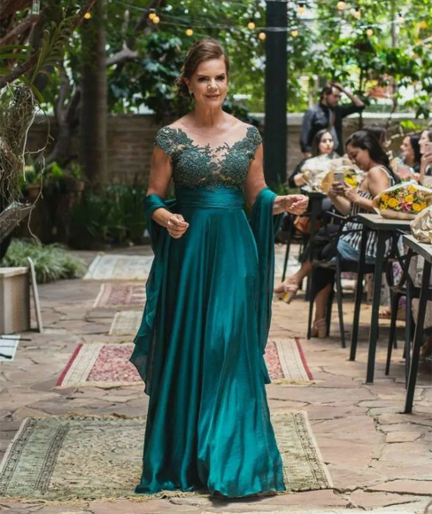 2022 Green Jade Floor Comprimento Mãe dos Vestidos de Noiva para Pescoço De Casamento Pescoço Applique Sleeves Capped Partido Noite Vestidos De Promete Com Enrole Noivo Mamãe Vestido Formal