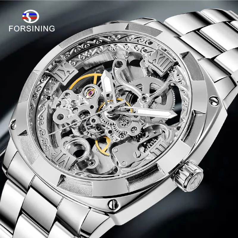 Forsining ステンレス鋼防水自動腕時計メンズスケルトン腕時計シルバー機械式メンズ腕時計トップブランドの高級時計 Q0902