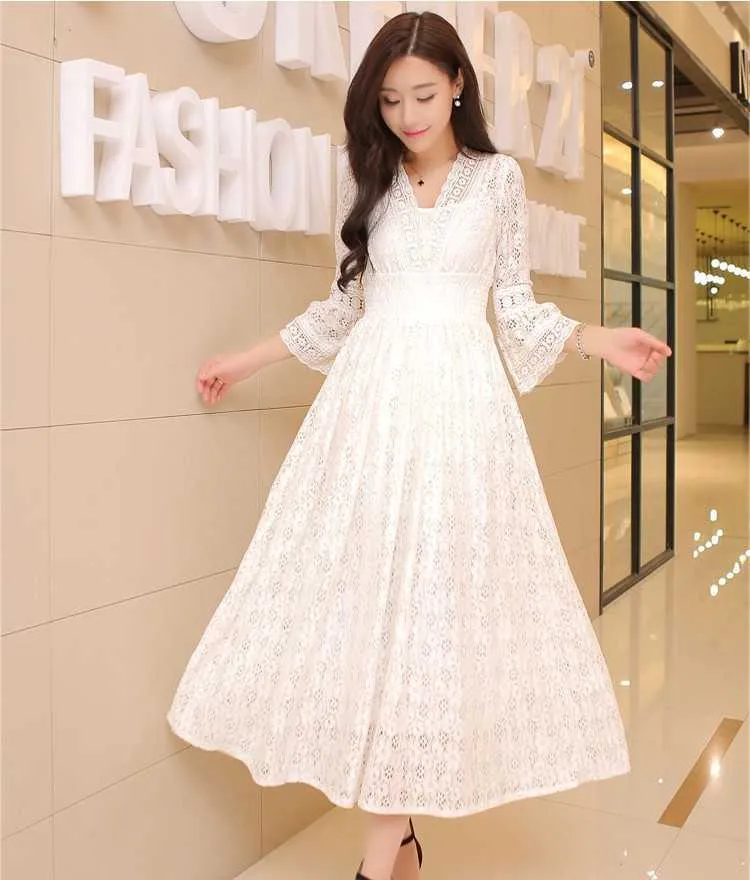 Viajestejedor White Lace Dress With Tan Underneath Vintage White Lace  A-Line Lace Midi Dress For