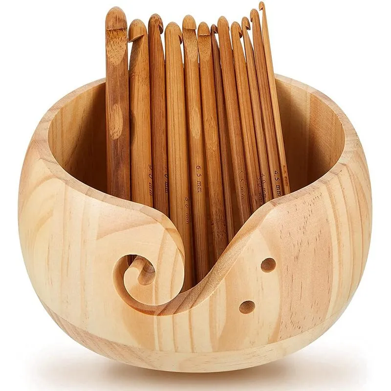 Швейные понятия Инструменты Деревянная пряжа Чаша, Чаша для хранения дерева с 12шт. Бамбуковые крючкие крючки для вязания крючком вязания