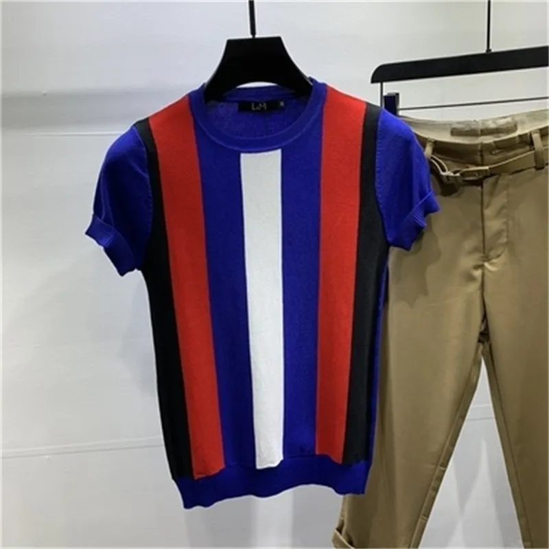 Kurzärmliger Pullover, gestreiftes Herren-koreanisches T-Shirt, halbarm, dünn, 210420