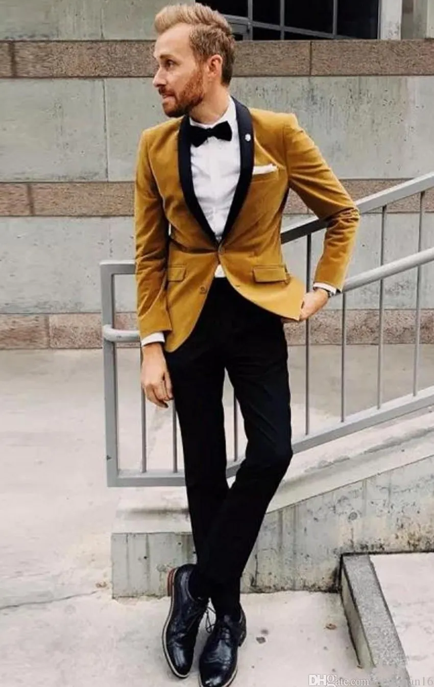 Geweldige Kwaliteit Fluwelen Geel Bruidegom Tuxedos Zwart Sjaal Revers GroomsMen Trouwjurk Herfst Winter Stijl Mannen Formele Partij Prom Pak (jas + Broek + Tie) 1200