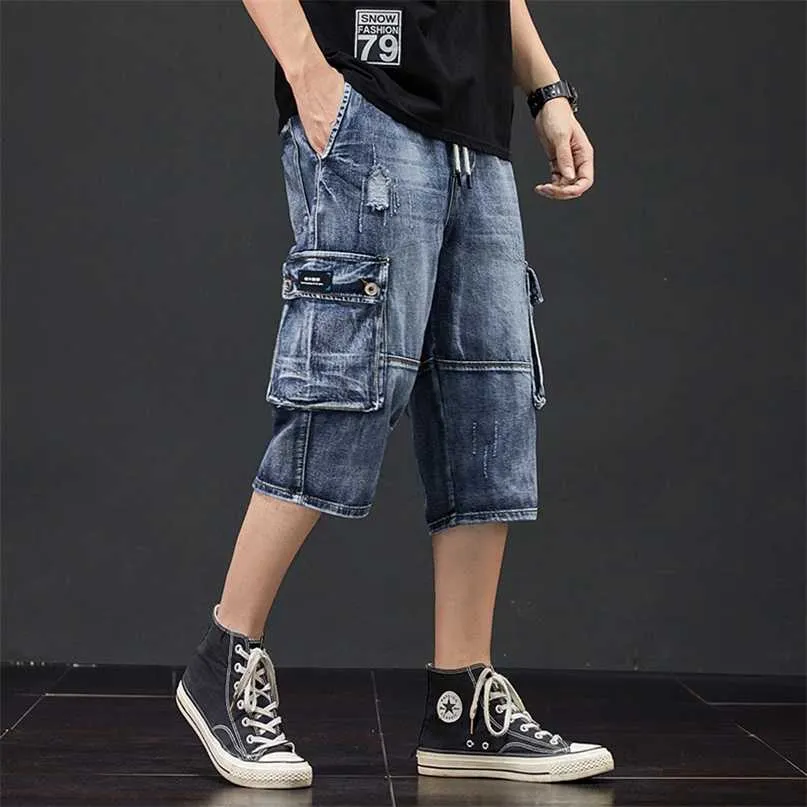 Denim Shorts Jeans 3/4 Men Hole Side Pockets Breeches Jean Destroyed Calf Pants Summer Destressed Trouser Male Style Cargo 211108