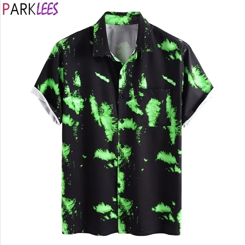 الأخضر ريشة طباعة قميص أسود الرجال العلامة التجارية قصيرة الأكمام رجل الأزياء قميص زر أسفل الذكور عارضة قميص كيمي أوم 210522