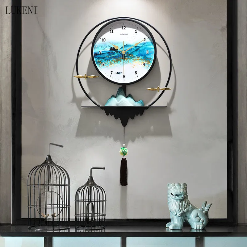 Nouveau Chambre murale de style chinois Horloge murale Home Atmosphère Art Creative Art Horloge murale Chambre à coucher Wall Montre Lumière Luxe