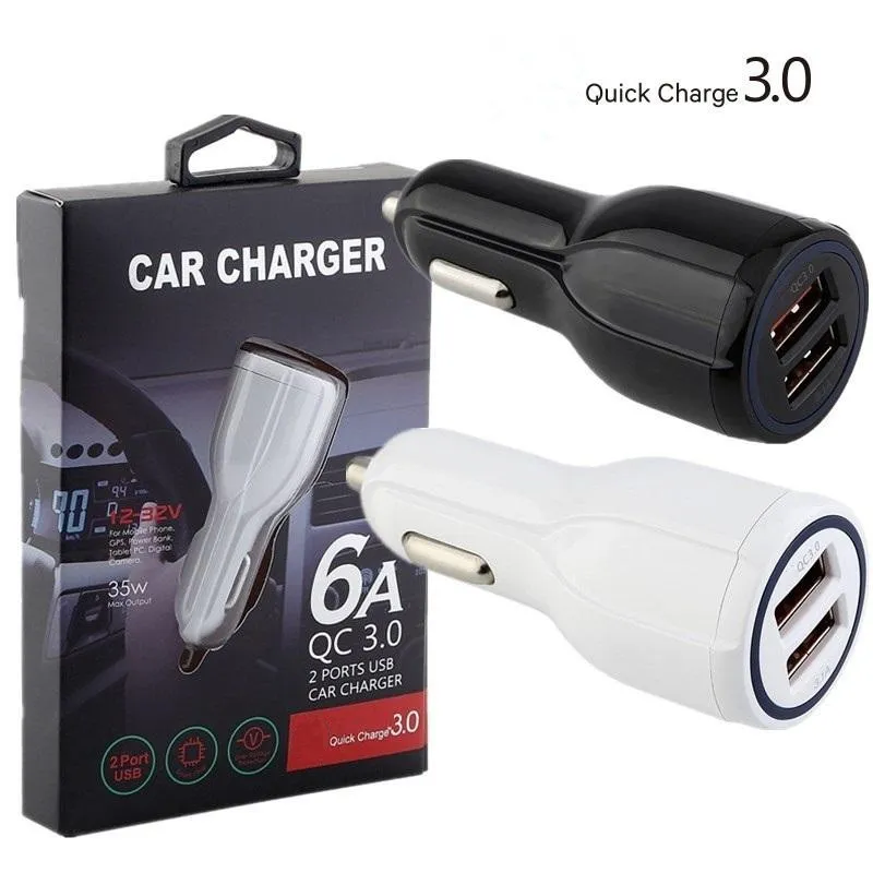 المنافذ المزدوجة السريعة للسيارة السريعة QC 3.0 30W 18W Auto Power Power Car Charger For Ipad iPhone 7 8 11 12 14 Samsung HTC Android Phone مع صندوق البيع بالتجزئة