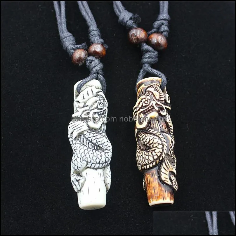 Lots Wholesale 12pcs COOL Boy men`s Simulation Bone Carving Totem Dragon Pendant Wood Beads Amulet Pendant Necklace Lucky Gift XL76